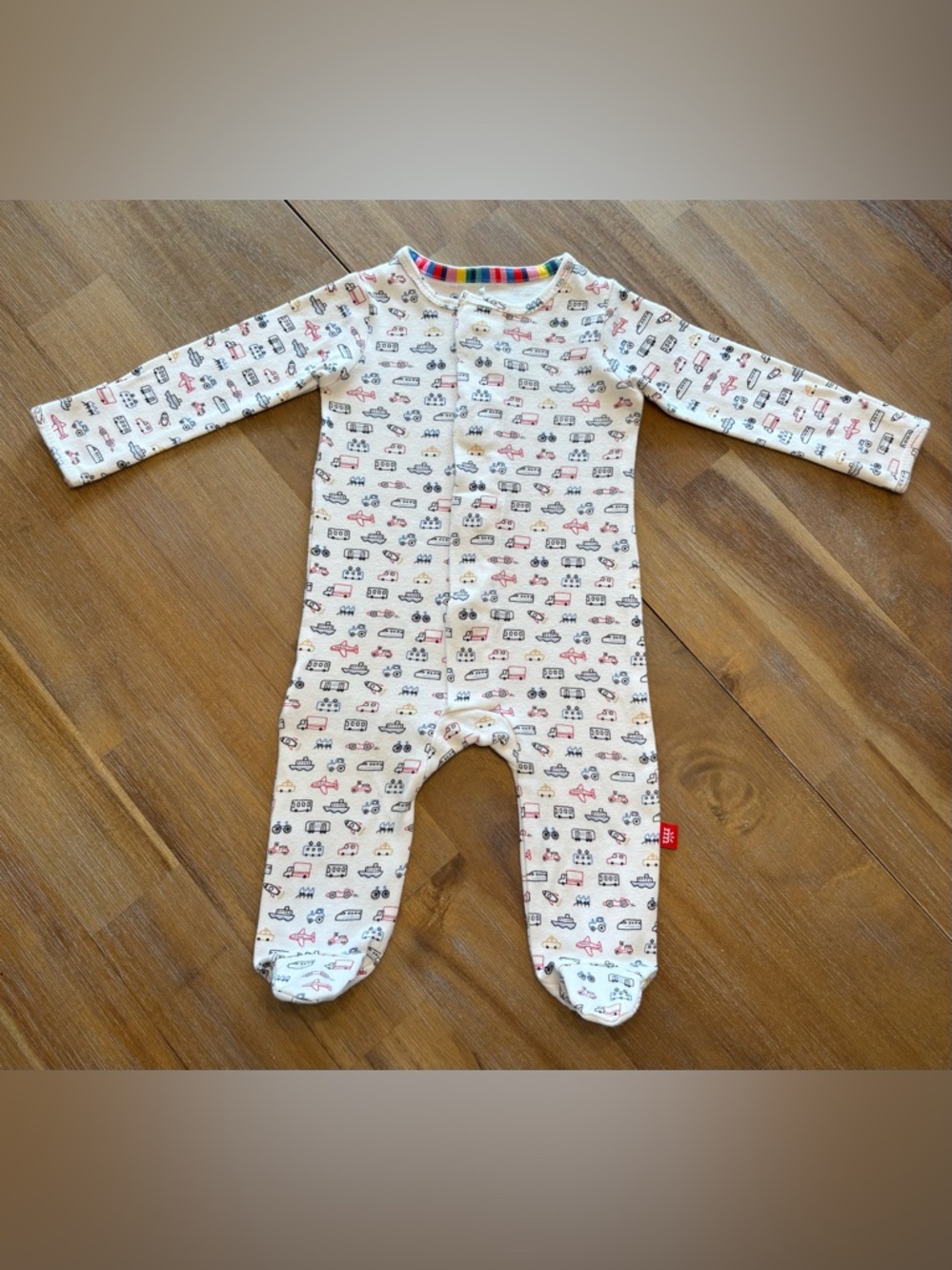 Magnetic Me Baby Cotton Footed One-Piece in Ivory with Transportation Print
